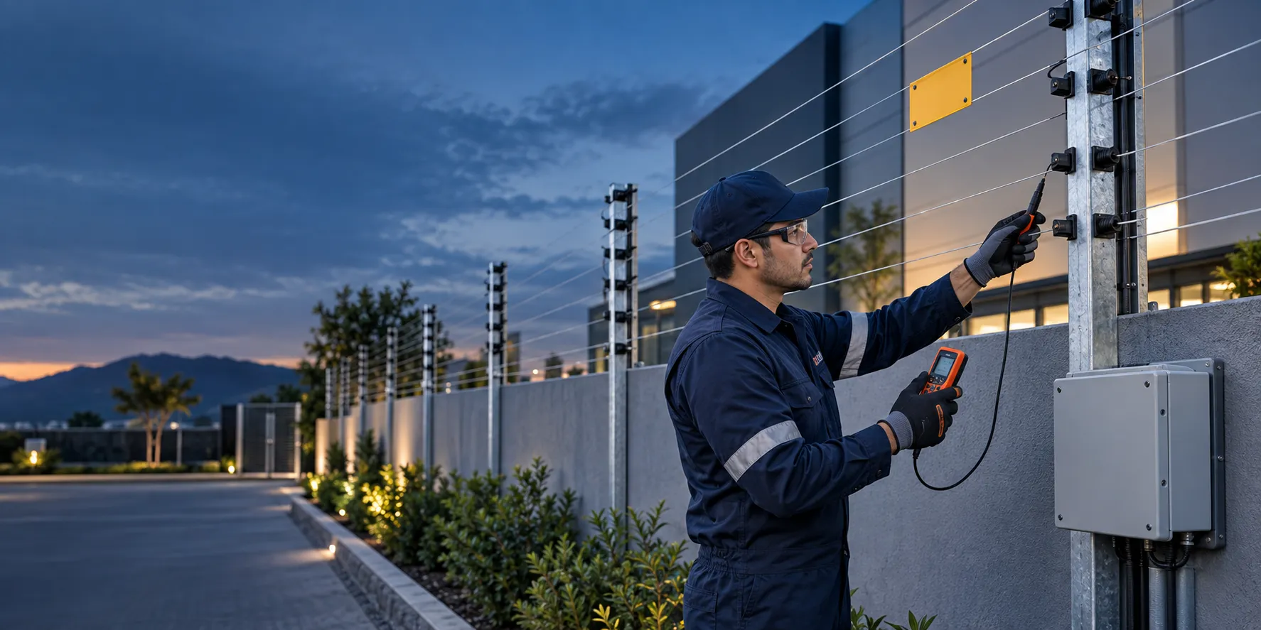 Técnico profesional verificando una instalación de cercado eléctrico